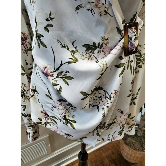 PRETTYLITTLETHING Women White Floral Polyester V-Neck Long Sleeve Blouse Size L - Picture 5 of 12